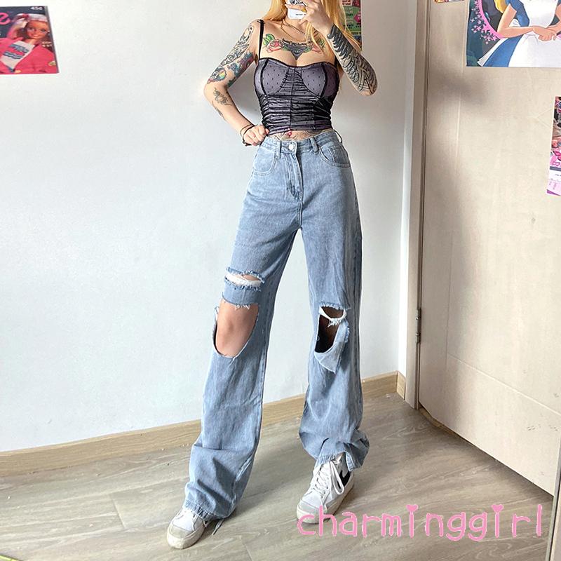 Quần Jeans Nữ Dài Lưng Cao Ống Rộng Thời Trang Hàn