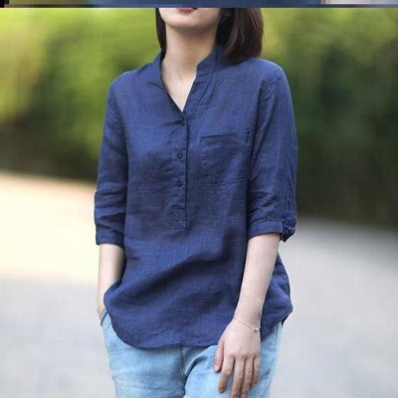 Áo sơ mi nữ cổ trụ , vải đũi xước tơ mềm form rộng phong cách hàn quốc cao cấp ྇
