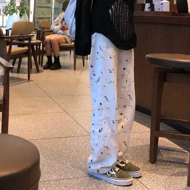 Jiashucheng Quần Denim Lưng Cao Dáng Suông Rộng In Họa Tiết Màu Nhuộm Graffiti Cá Tính