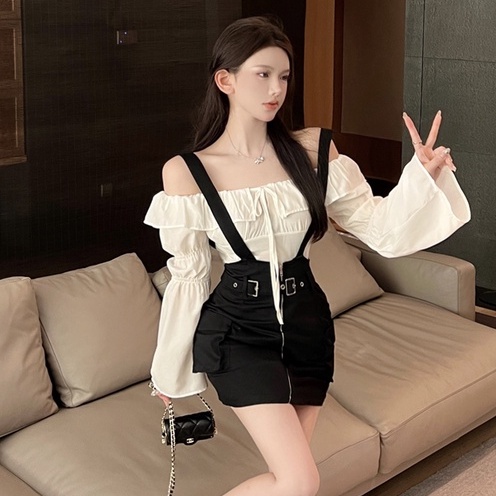 Set Áo Trễ Vai Dài Tay + Chân Váy Yếm Lưng Cao Thời Trang Hàn Cho Nữ