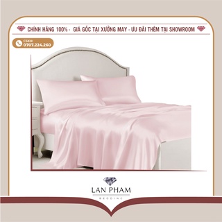 Bộ vỏ chăn ga gối phi lụa 5 món cao cấp mát lạnh lan bedding màu hồng phấn