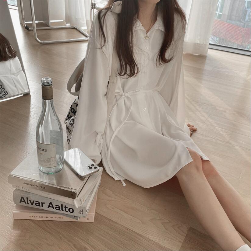 SUXI Đầm Sơ Mi Trắng Dài Tay Phong Cách Hàn Quốc Dành Cho Nữ