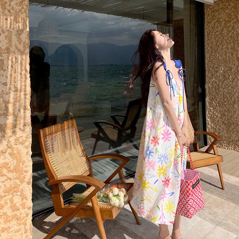 Đầm Yếm Cotton Lanh Dáng Suông In Họa Tiết Hoa Hướng Dương Phong Cách Retro Hong Kong Thời Trang Cho Nữ