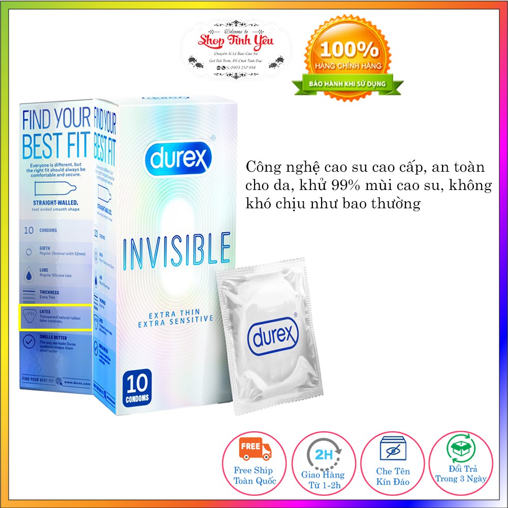 [Free Ship - Hàng Loại A] bao cao su invisible,hàng durex chính hãng, chống xuất tinh sớm, combo 2 hộp