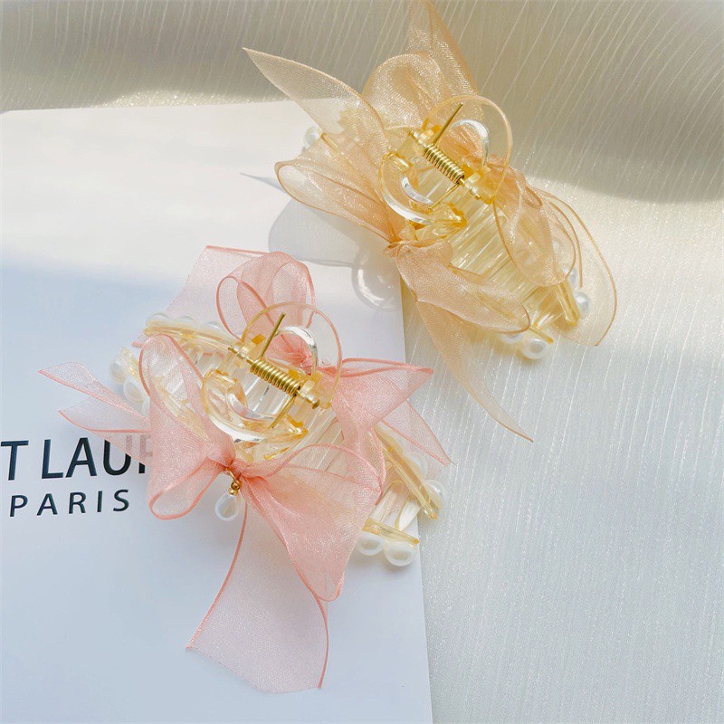 Kẹp tóc vải thắt nơ lưng đính ngọc trai phong cách hàn quốc cho nữ