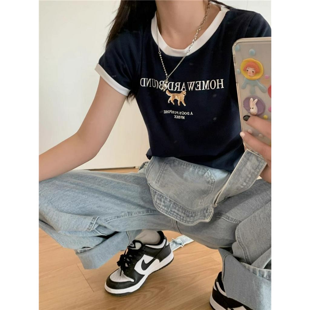 Xiaozhainv Áo Croptop Cổ Tròn Tay Ngắn In Hình Chú Chó Dễ Thương Thời Trang Mùa Hè Cho Nữ