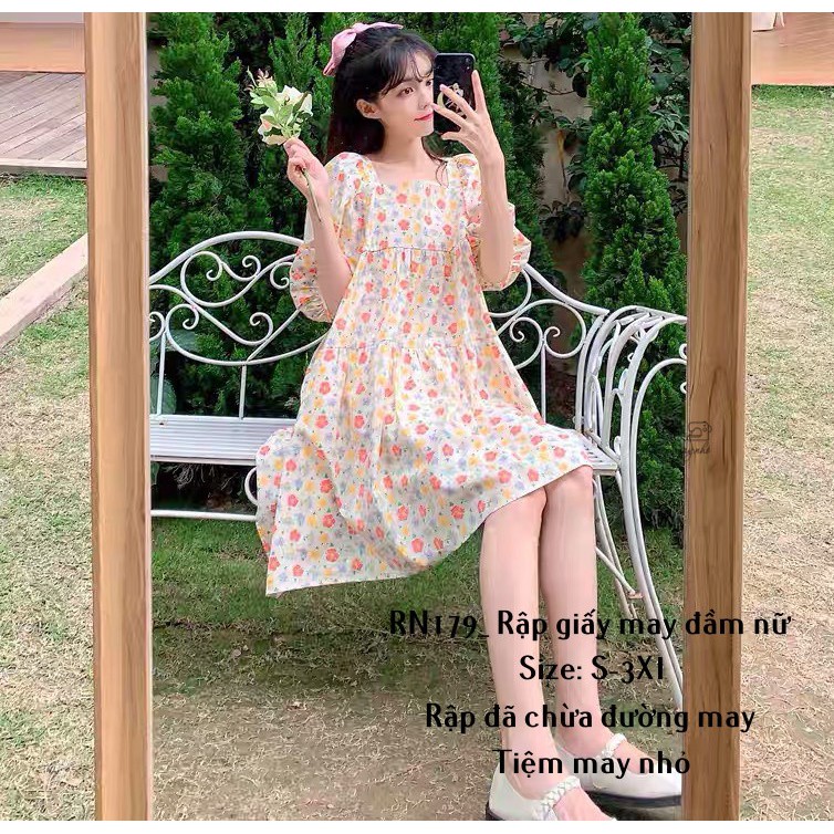 RN179_rập giấy may đầm xòe cổ vuông nữ