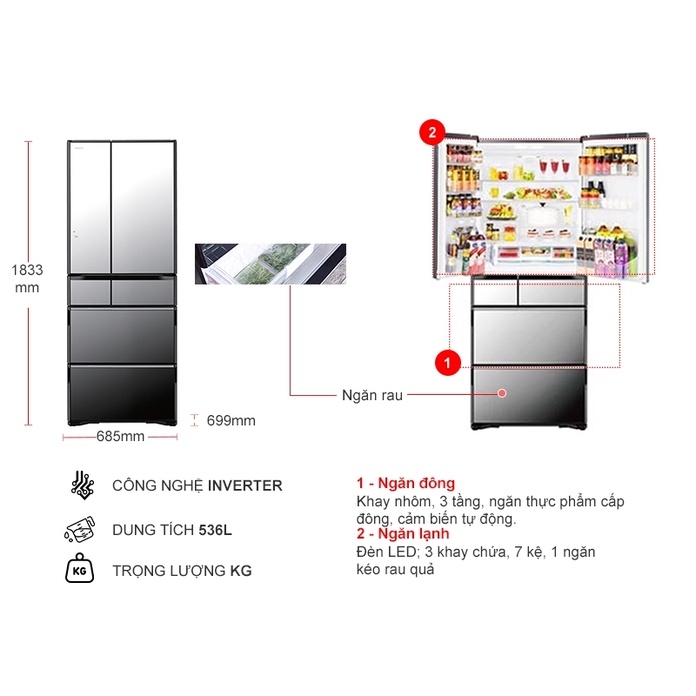 Tủ lạnh Hitachi Inverter 536 lít R-G520GV(X) - Nhận biết thói quen, Làm đá tự động, Điều khiển cảm ứng, Freeship HCM.
