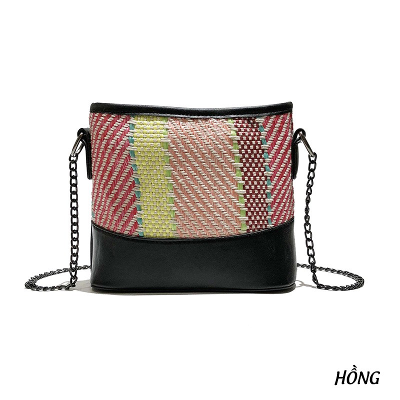 Túi Cói Vân Sọc Phối Da Khóa Kéo Cực Hot