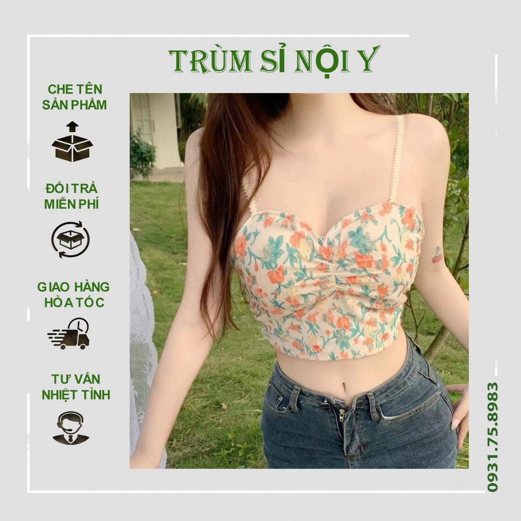 Áo Bra Đúc Su 2 Dây Kiểu Dáng Lửng Croptop Phối Hoạ Tiết Hoa Siêu Xinh Kèm Mút Đệm Ngực 387