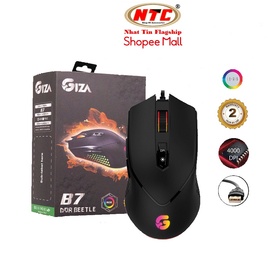 [Gaming Mouse] Chuột chuyên Game cao cấp NTC GIZA B7 Dor Beetle, Led RGB, DPI 4000, BH 2 năm (Đen)