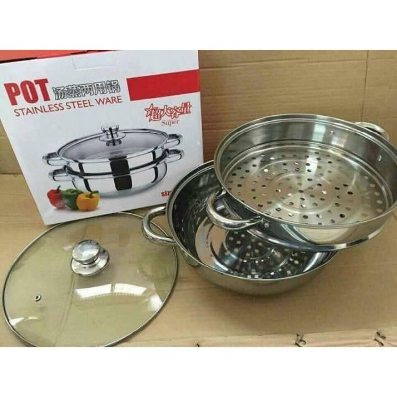 siêu rẻ nồi hấp inox 2 tầng size 28cm nhỏ gọn, bộ xửng hấp 2 tầng đa năng