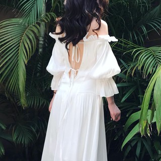 [thoa_shop] Đầm lụa trắng trễ vai tay bồng - Đầm quý cô sanh chảnh dự tiệc