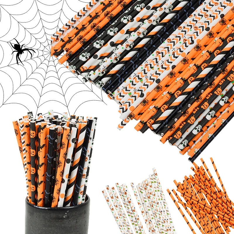 Set 25 Ống Hút Giấy Họa Tiết Halloween Có Thể Phân Hủy Sinh Học