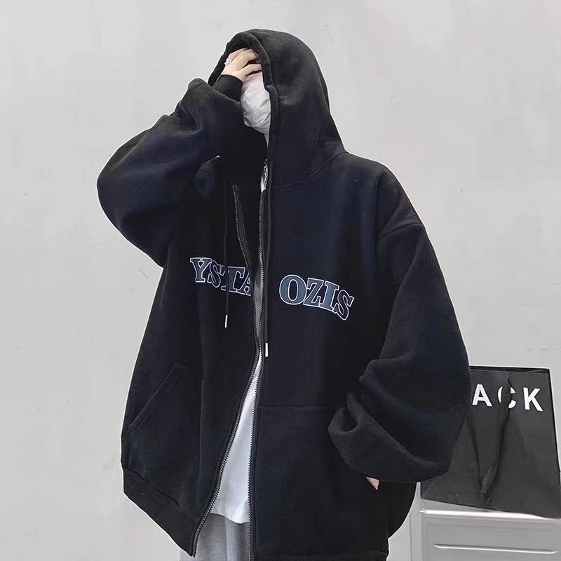Áo khoác hoodie dáng rộng phối khóa kéo in họa tiết cá tính dễ phối đồ tùy chọn màu sắc cho nam
