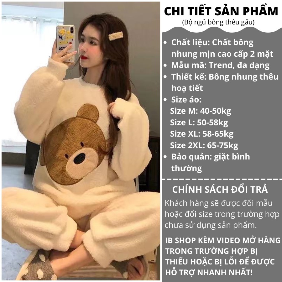Bộ ngủ bông dài tay hình gấu TEMI đồ ngủ nữ, chất lông mềm mịn, dày dặn, gấu cute, thêu, dệt hoạ tiết, hàng quảng châu