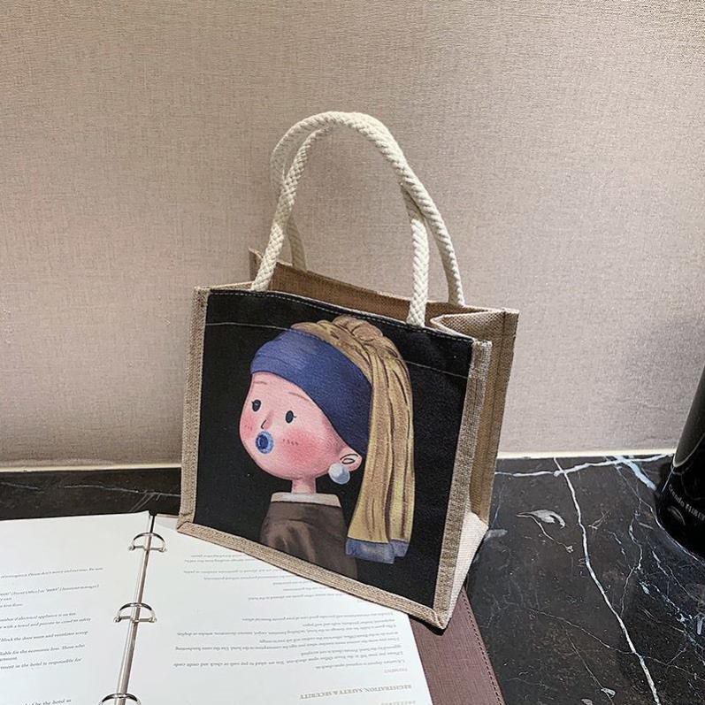 Túi xách cói, túi đựng đồ họa tiết hoạt hình, phong cách Nhật Bản đựng đồ tiện dụng văn phòng