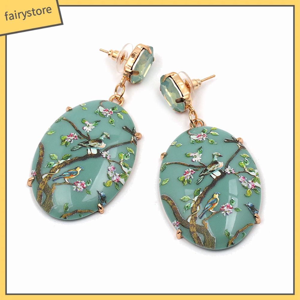 Cặp Hoa Tai Hợp Kim Đính Đá Hình Oval Xinh Xắn