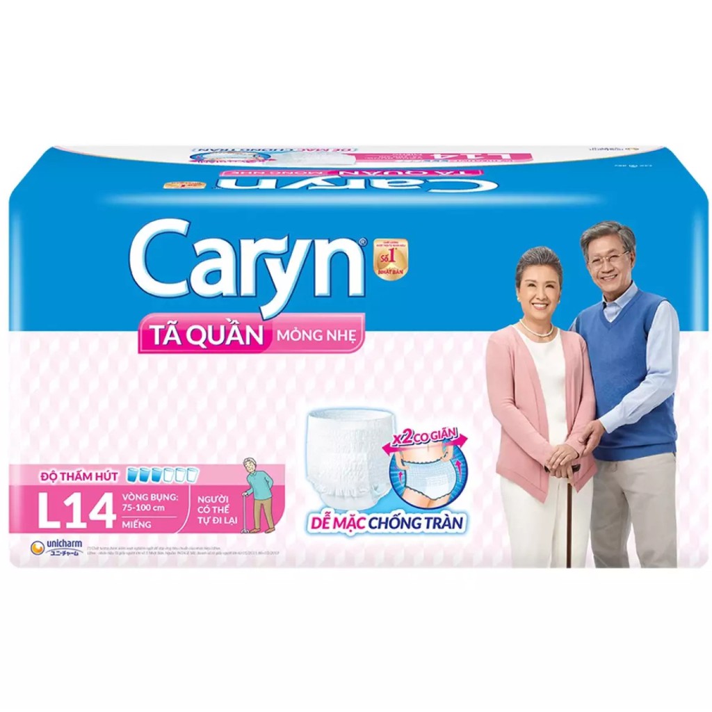 Tã/Bỉm Quần Caryn Người Lớn Caryn M16,L14,M8 Miếng Mỏng Nhẹ Chống Tràn Dành Cho Người Già Có Thể Đi Lại