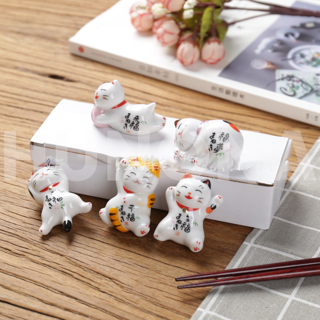 Gác đũa con mèo Nhật Bản bằng gốm sứ, phụ kiện họa tiết Nhật Bản trang trí bàn ăn - HUNONA