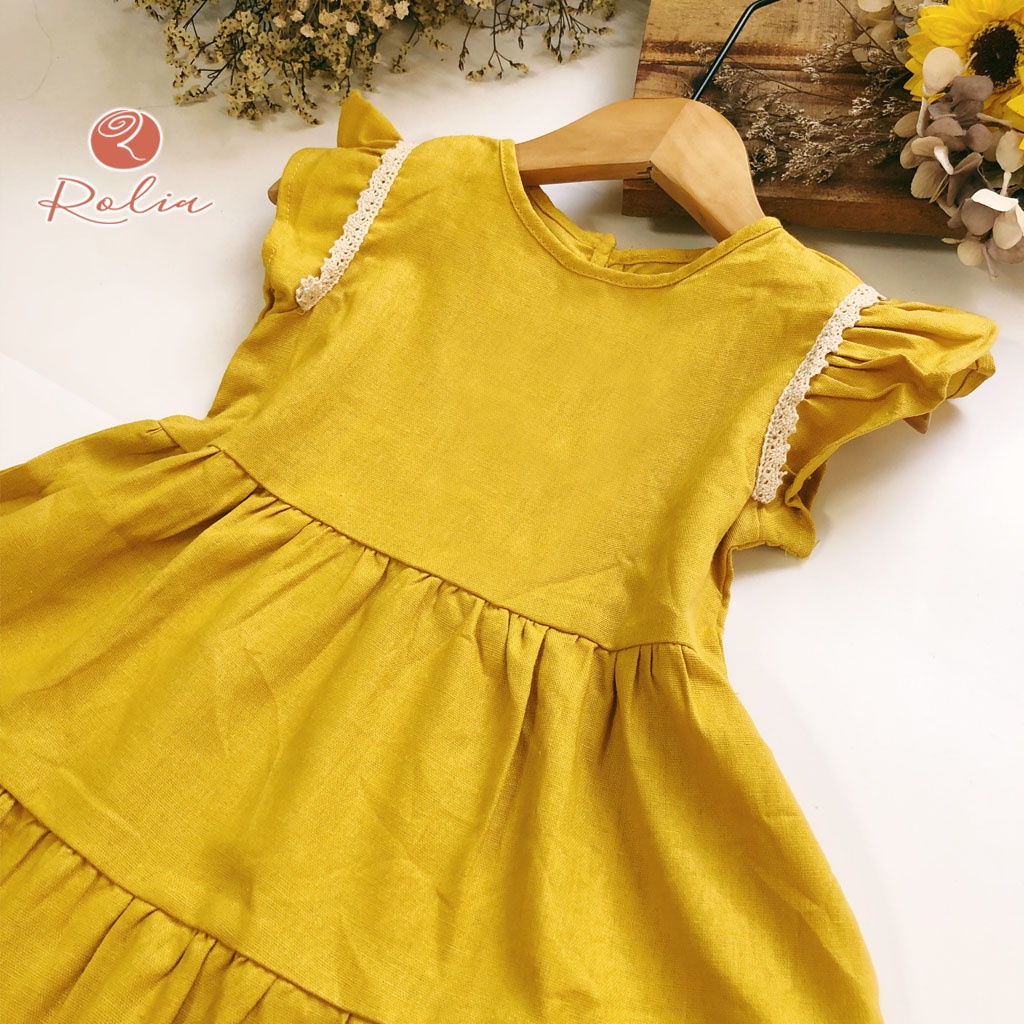 Váy bé gái cánh tiên vàng ROLIA chất vải Linen 100% tự nhiên, mặc thoáng mát V19