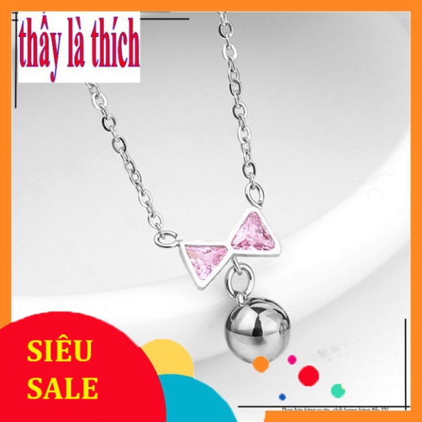 Dây chuyền đẹp cho bạn gái mặt chiếc nơ đính đá Zircon hồng treo bi - Cam kết 1 đổi 1 nếu hoen, gỉ sét