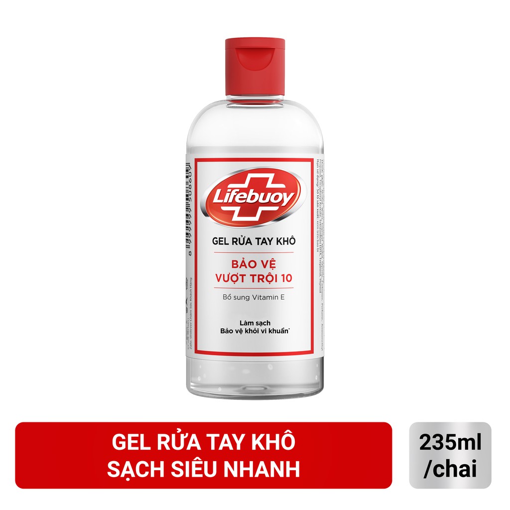 Gel rửa tay khô sạch siêu nhanh Lifebuoy bảo vệ vượt trội 10 (Chai nắp 235ml)