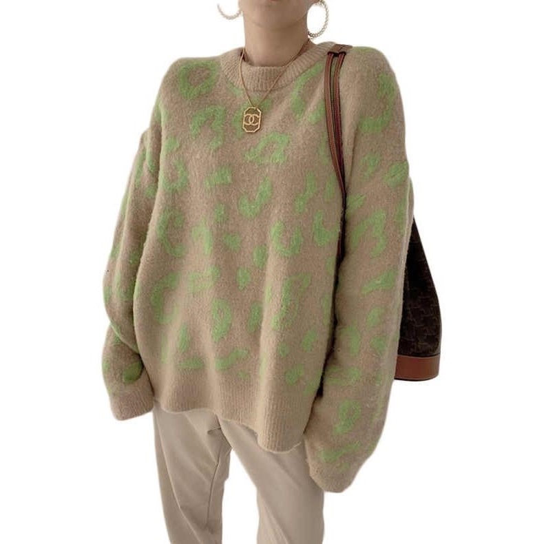Áo Sweater Dệt Kim Hoạ Tiết Da Báo Thiết Kế Dáng Rộng Thoải Mái