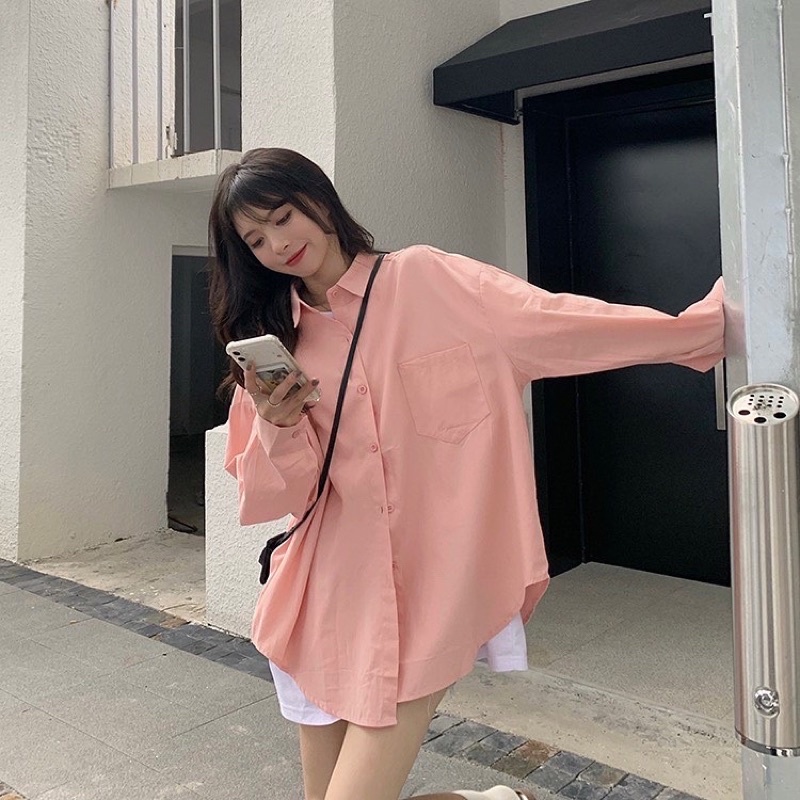Áo sơmi trơn đơn giản dáng suông rộng phong cách thời trang nữ