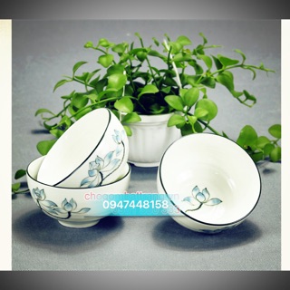 Bộ bát cơm men kem vẽ hoa sen xanh