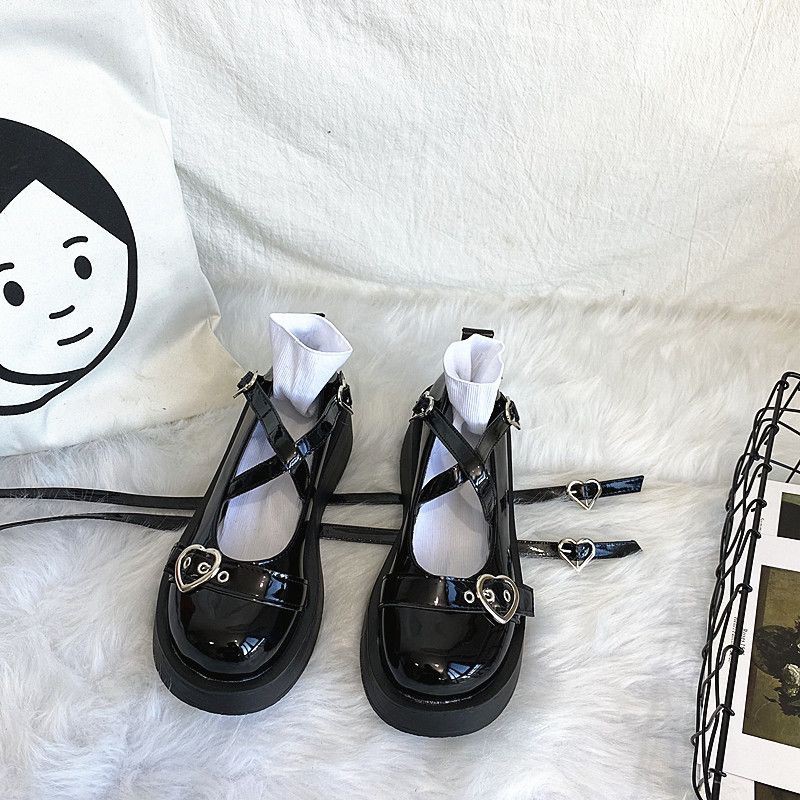 Giày búp bê Lolita dây cài tim đế cao dày đẹp 5cm