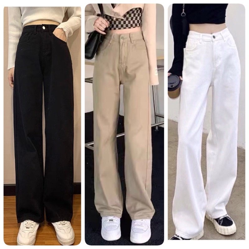 Quần jeans kaki ống rộng cạp cao thời trang đường phố sành điệu với nhiều màu tùy chọn dành cho nữ