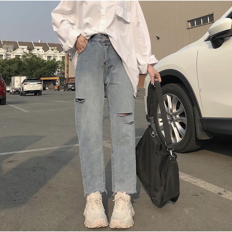 [ Đủ màu] Quần baggy jean rách 17.3 3 line lai tua vải dày dặn mềm mịn màu xanh nhạt, xanh đậm, xám nhạt, đen hot