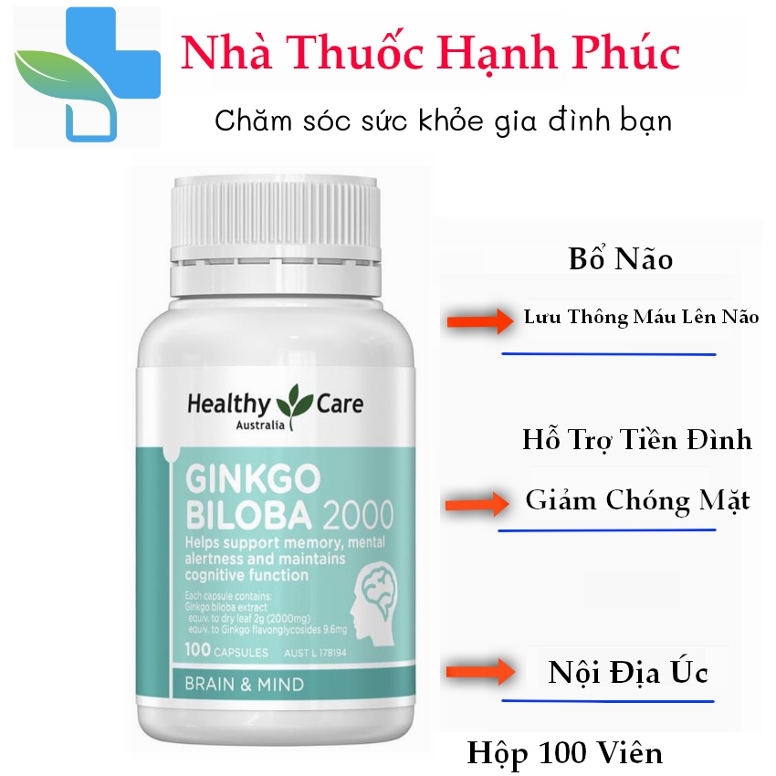 Bổ não [Úc] Healthy Care Ginkgo Biloba 2000mg - 100 viên - Bổ não , lưu thông mạch máu , giúp giảm chóng mặt