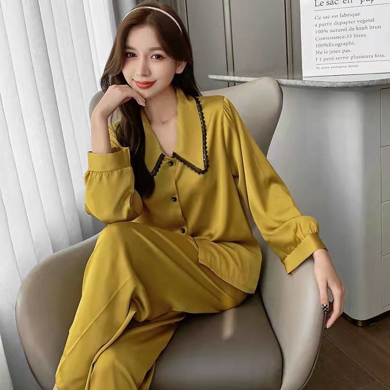 Bộ đồ ngủ cổ búp bê bằng lụa phối ren màu trơn thời trang mùa xuân dành cho nữ