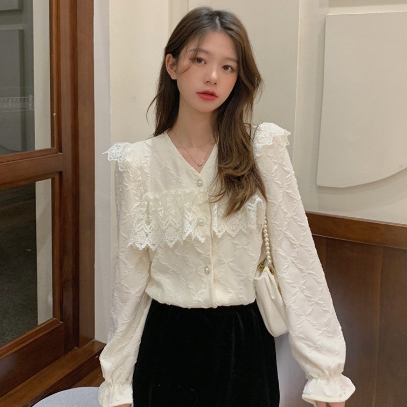 Áo Sơ Mi Nữ Vải Ren Voan Dày Nhăn Màu Trắng Be Cổ Bèo Tay Phồng Loe Nhẹ Nhàng Sang Trọng Tiểu Thư Hàn Quốc Hàng Loại 1 | BigBuy360 - bigbuy360.vn