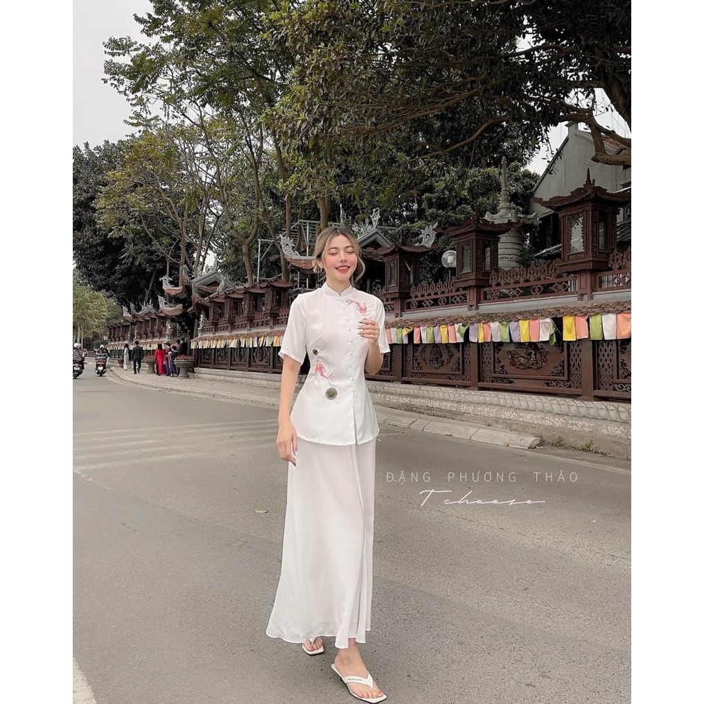 Đồ Lam Nữ Đi Chùa - Thêu Cá Ngọc Vải Lụa Cao Cấp Trang Nhã Kín Đáo_ CG04
