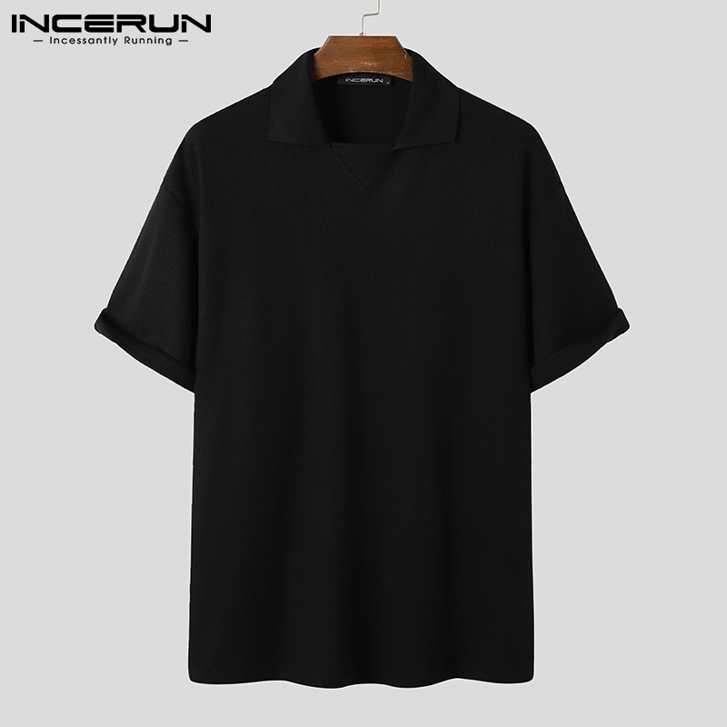 Áo thun INCERUN tay ngắn cổ áo bẻ dáng rộng màu trơn phong cách Hàn Quốc thời trang dành cho nam