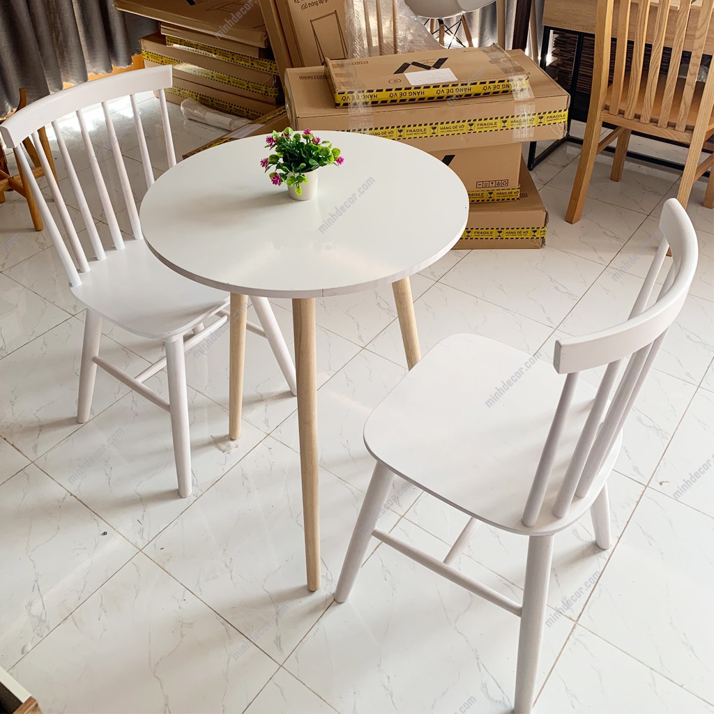 Bộ Bàn Ăn Bộ Bàn Cafe Mặt Tròn D60 Bằng Gỗ Màu Trắng 1 Bàn 2 ghế