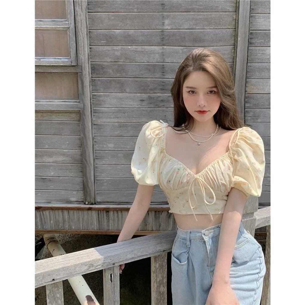 Áo hoa COZOKC tay phồng cổ vuông thời trang cho nữ