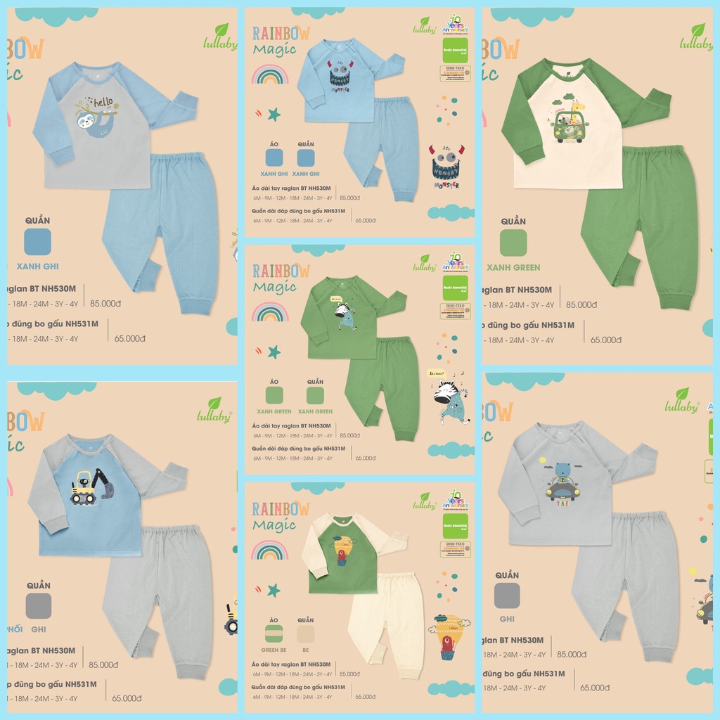 Bộ dài tay cài vai cotton in họa tiết cho bé trai Lullaby NH530M