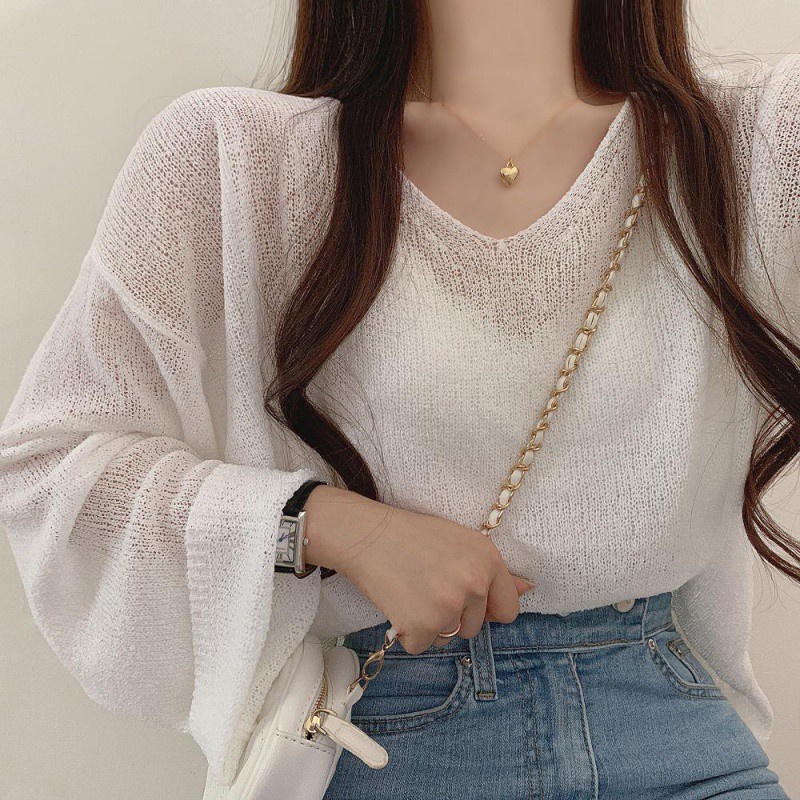 Korean Ice Silk Sweater Hollow Thin Blouse Sun Shirt Sense of DesigninsBackless Women's Long SleevevCollar Transparent Top