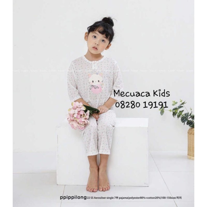 Bộ lửng cotton giấy organic bộ ngủ điều hòa mặc nhà hình mèo hoa nhí Ppippilong xuất Hàn dư xịn cho bé gái