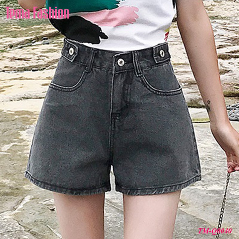 Quần short jean nữ TEMA - Quần đùi nữ jean xám dày dặn cách điệu siêu đẹp