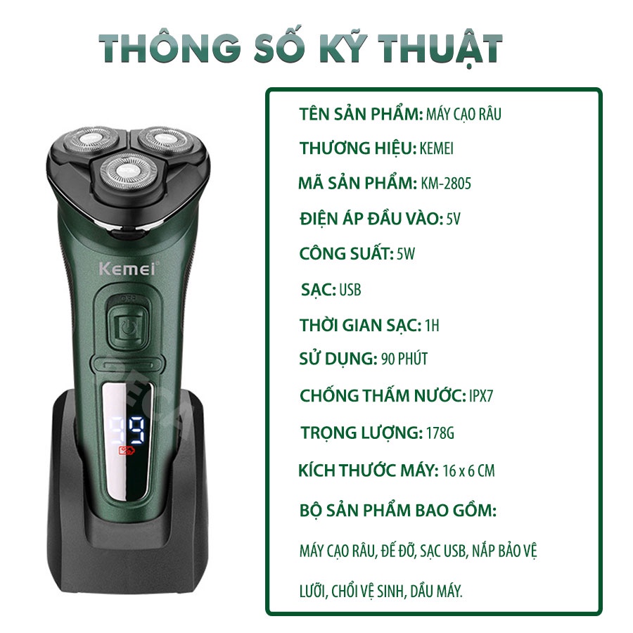 Máy cạo râu khô và ướt KEMEI KM-2805 chống thấm nước IPX7 công suất 5W sạc USB pin trâu sạc USB nhanh 1 giờ kèm đế đỡ