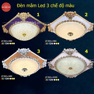 Đèn Mâm Led vuông 35cm - 40cm 3 chế độ màu, đèn ốp trần ban công, phòng ngủ, toilet