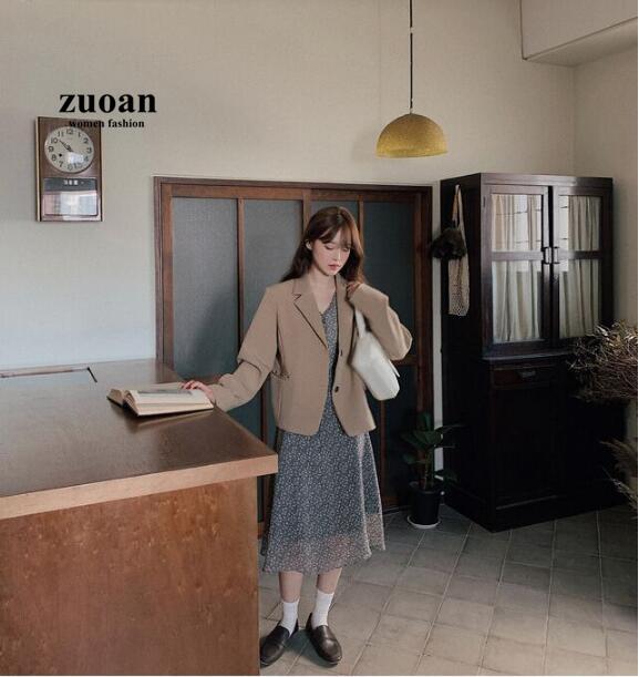 SUXI Floral V-neck Waist Slim Women's Long Sleeve Midi Dress