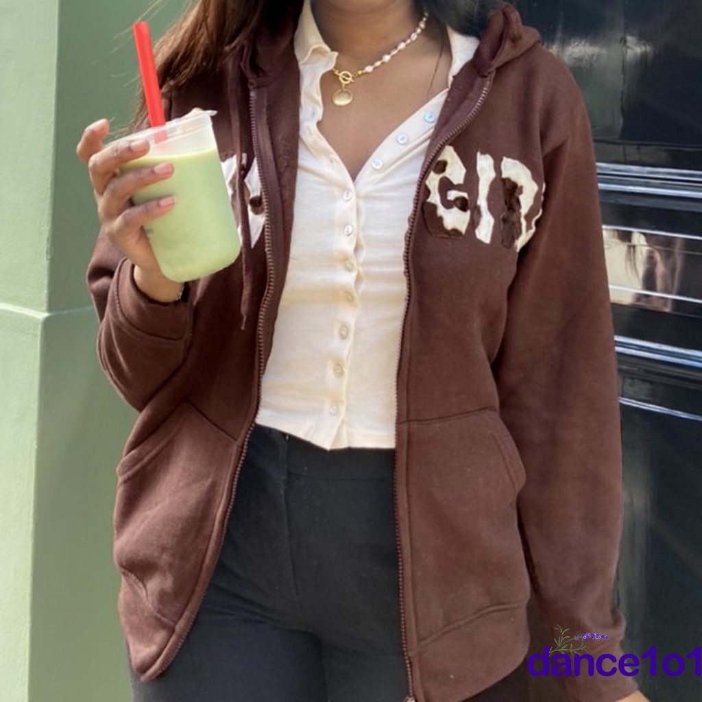 Áo khoác nữ tay dài có nón khóa kéo in chữ