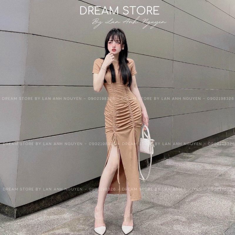 Đầm ôm body tay ngắn xẻ tà rút dây eo - 1275