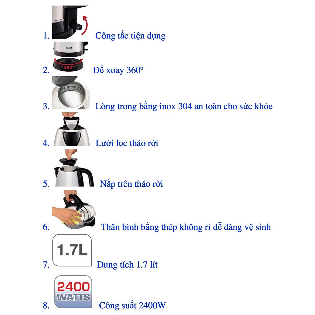 Bình đun siêu tốc TEFAL KI150D10 1.7 Lít_INOX_BẠC